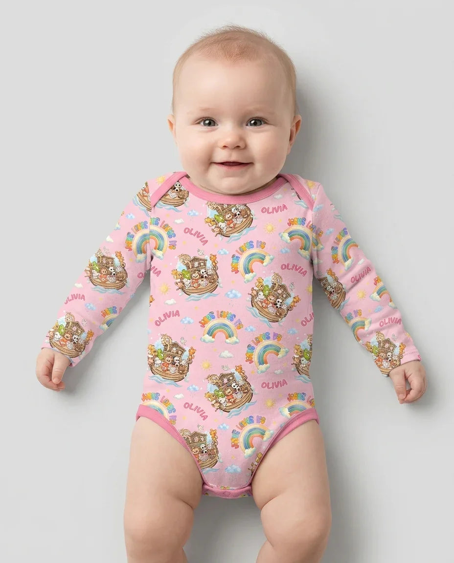 Custom Name Jesus Loves Me Noah's Ark Bamboo Bodysuit