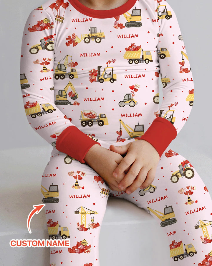 Custom Name Valentine Trucks Family Matching Bamboo Two Piece Long Sleeve Pajama Set