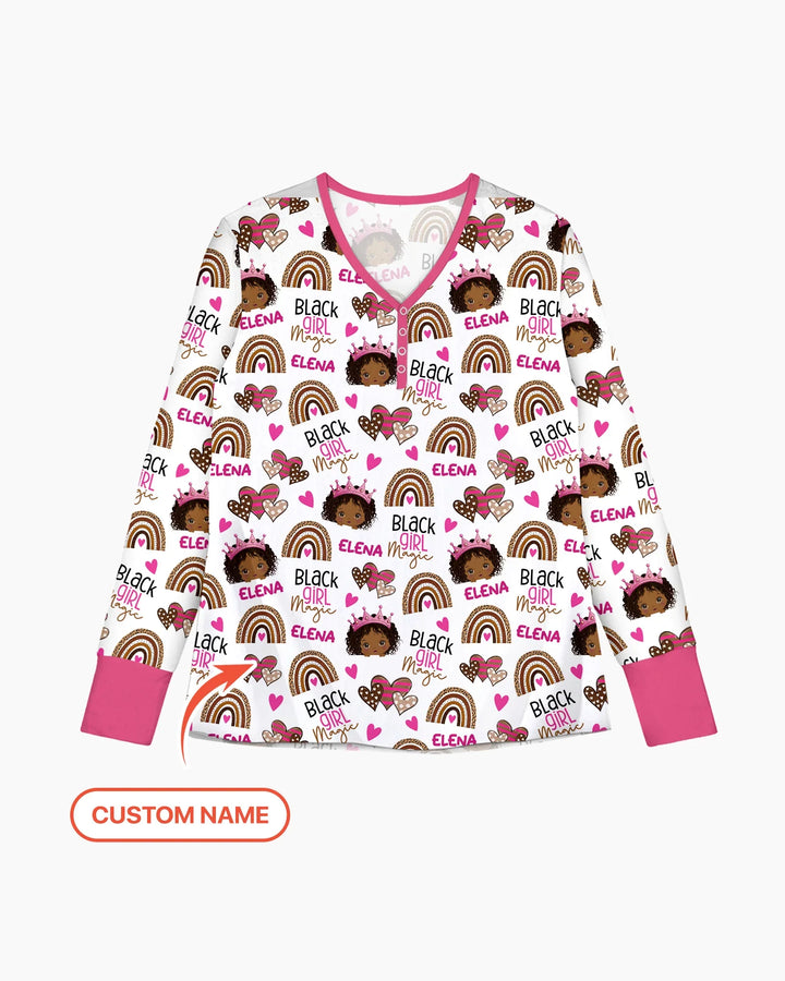 Personalisierbares Name Black Girl Magic Pyjama Set aus Bambus für Frauen
