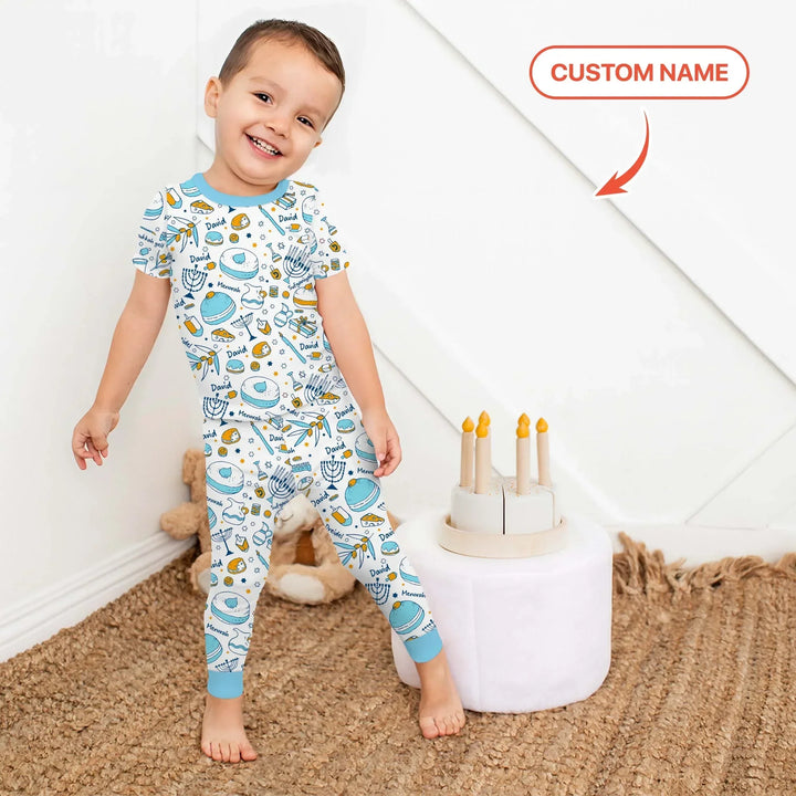 Happy Hanukkah Doodles Custom Name Family Matching Bamboo Two Piece Short Sleeve Pajama Set