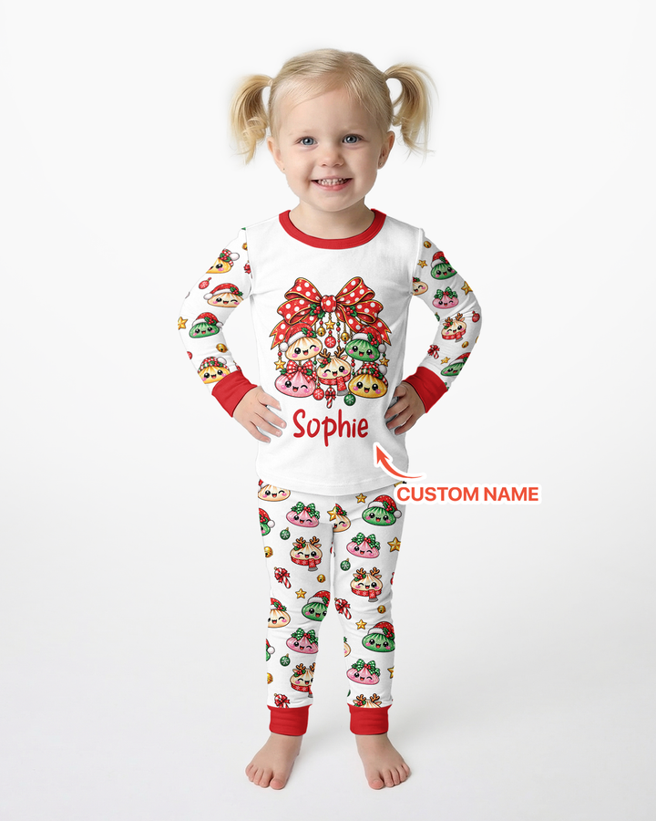 Custom Name Christmas Dumpling The Bow Bamboo Two Piece Long Sleeve Pajama Set