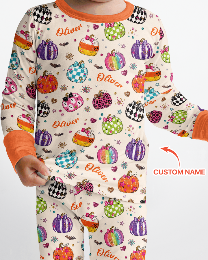 Custom Name Twinkle Pumpkin Bamboo Two Piece Long Sleeve Pajama Set