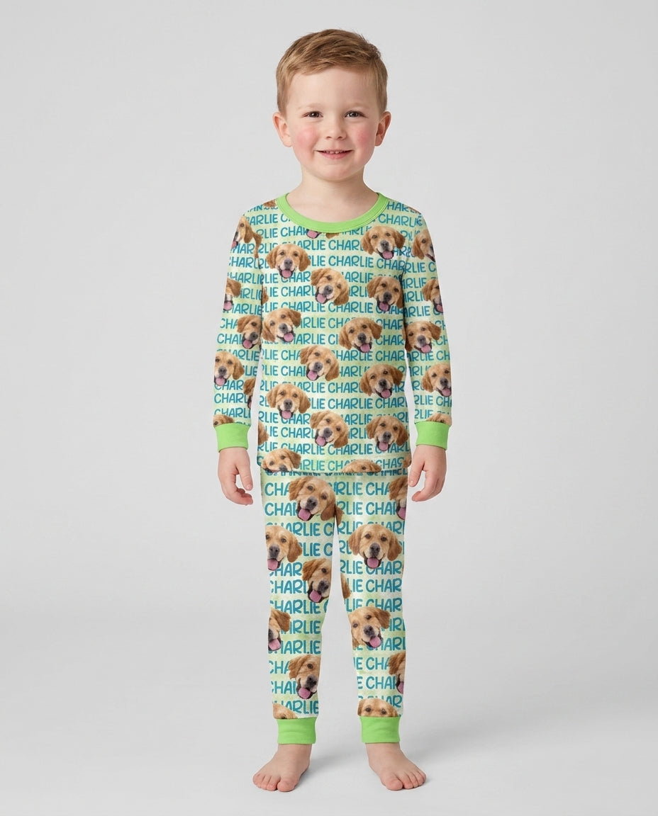 Custom Pet Photo With Name Watercolor Bamboo Two Piece Long Sleeve Pajama Set
