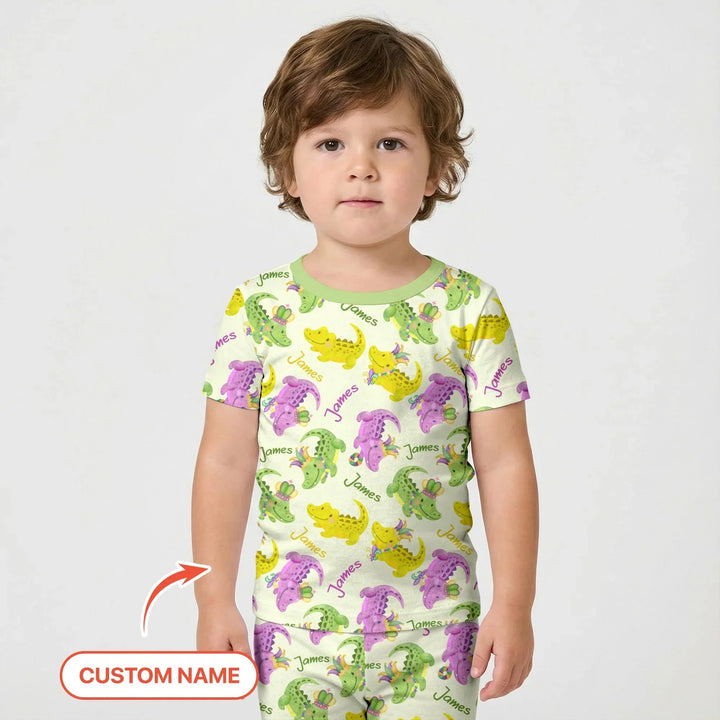 Custom Name Mardi Gras Alligator Bamboo Two Piece Short Sleeve Shorts Pajama Set
