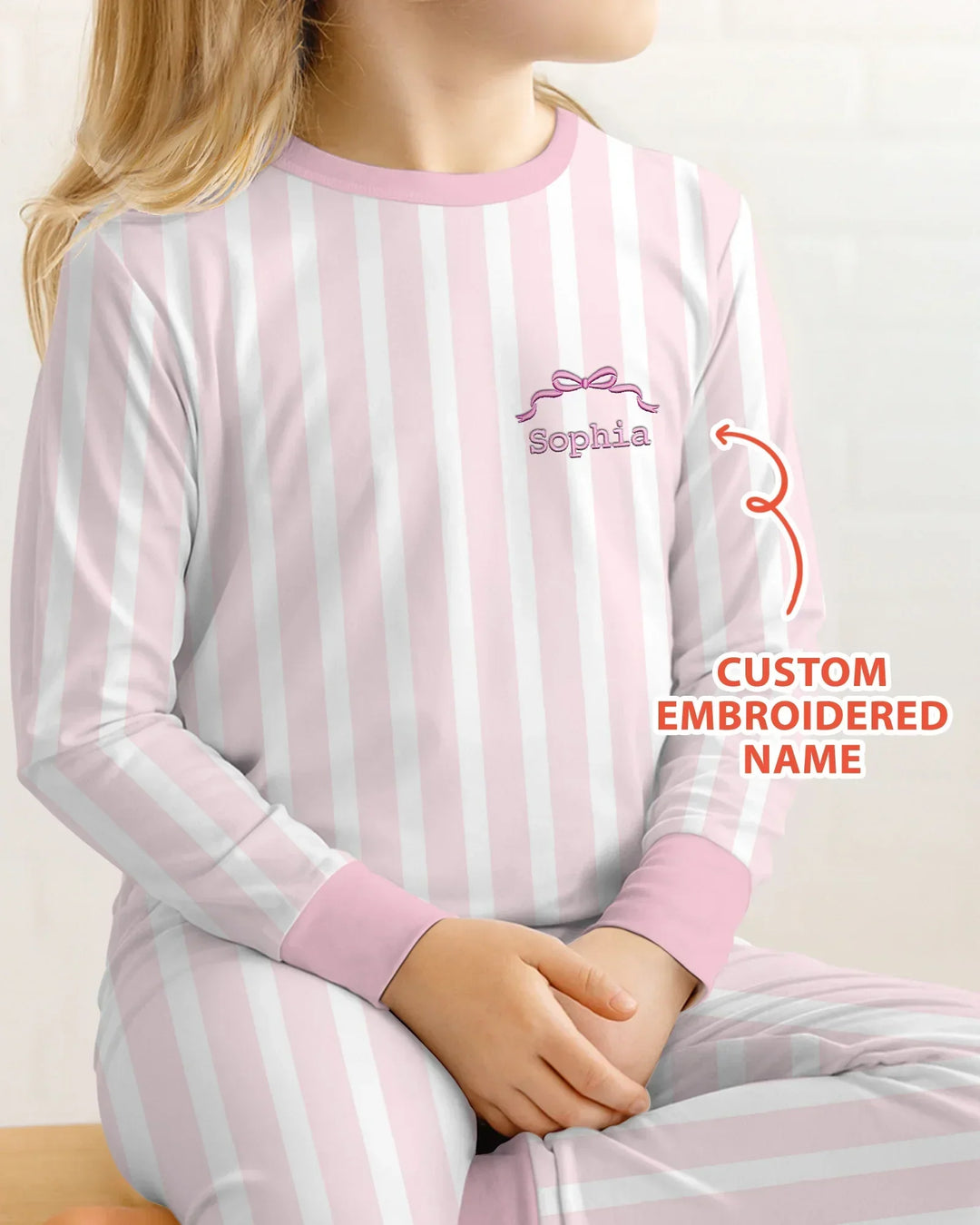 Personalized Embroidered Pink Stripes Baby Bamboo Two Piece Long Sleeve Pajama Set