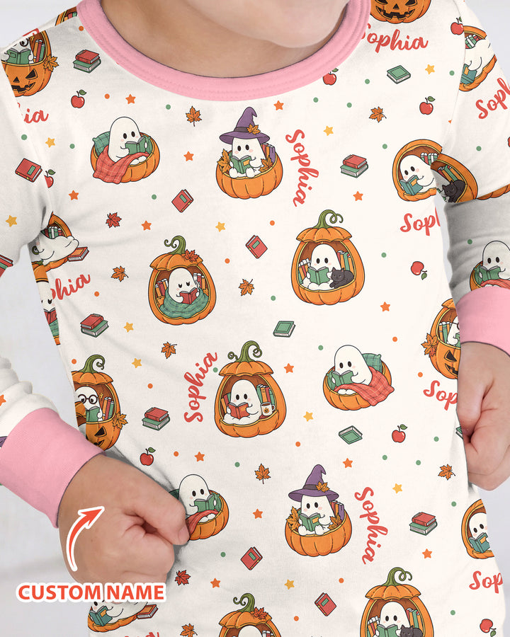 Bookish Boo Ghost Pumpkin Bamboo Two Piece Long Sleeve Pajama Set