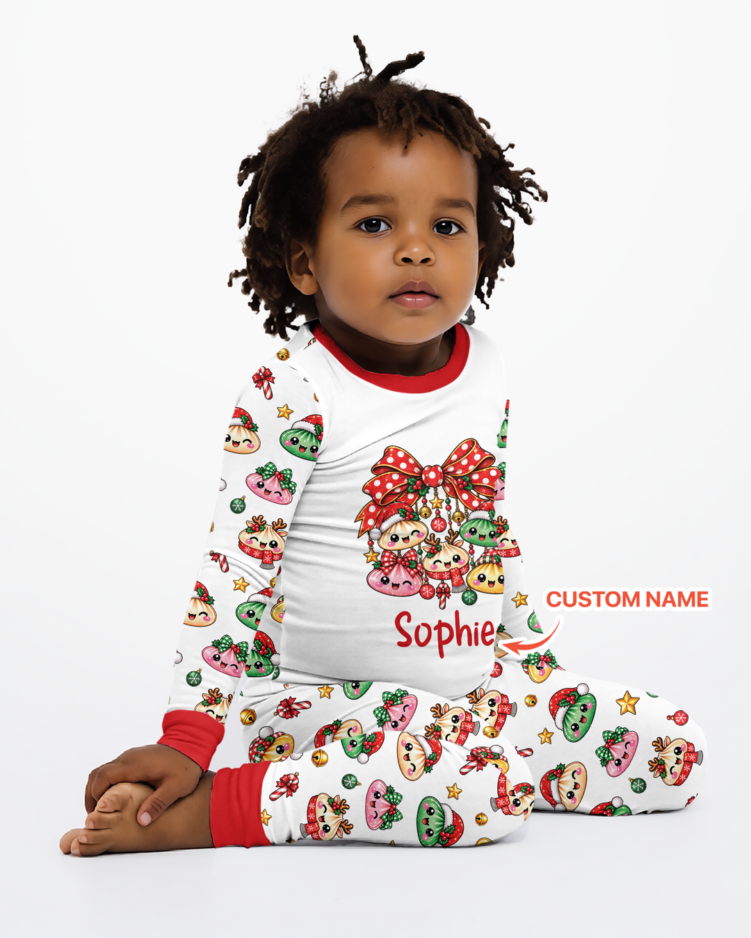 Custom Name Christmas Dumpling The Bow Bamboo Two Piece Long Sleeve Pajama Set