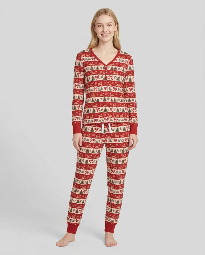 Vintage Reindeer Christmas Stripes Bamboo Women Pajama Set