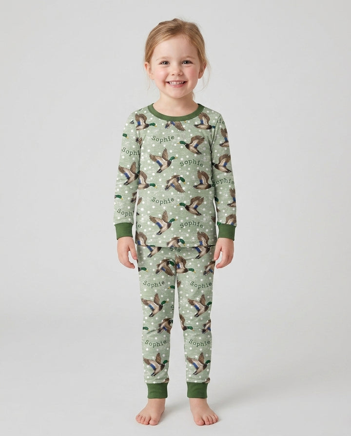 Custom Name Flying Mallard Duck Bamboo Two Piece Long Sleeve Pajama Set