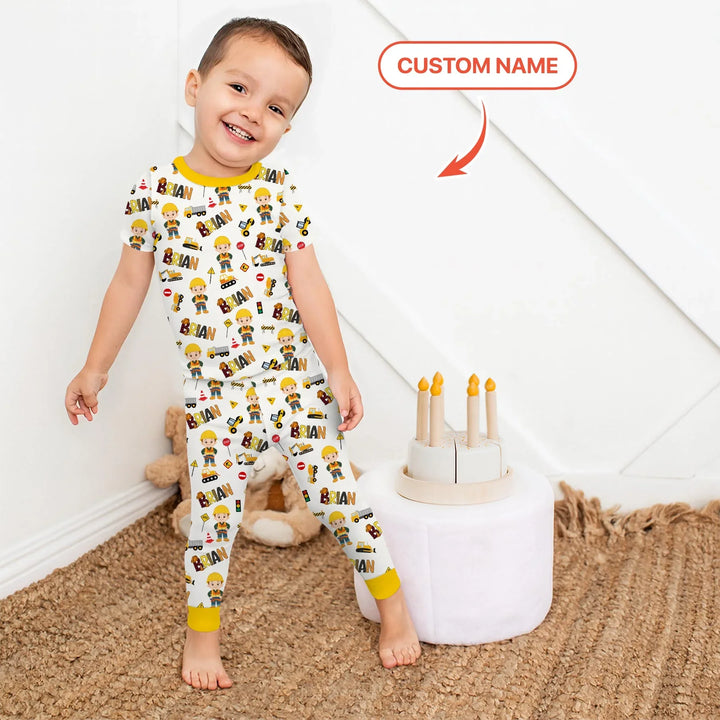 Custom Name Doodle Little Builder Bamboo Two Piece Short Sleeve Pajama Set