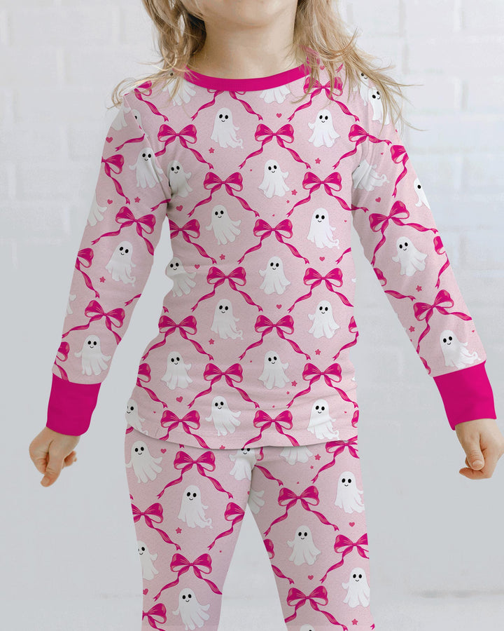 Cute Ghost Boo Coquette Halloween Bamboo Two Piece Long Sleeve Pajama Set