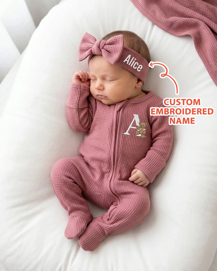 Personalized Cute Bear Embroidered Waffle Bamboo Zipper Footie