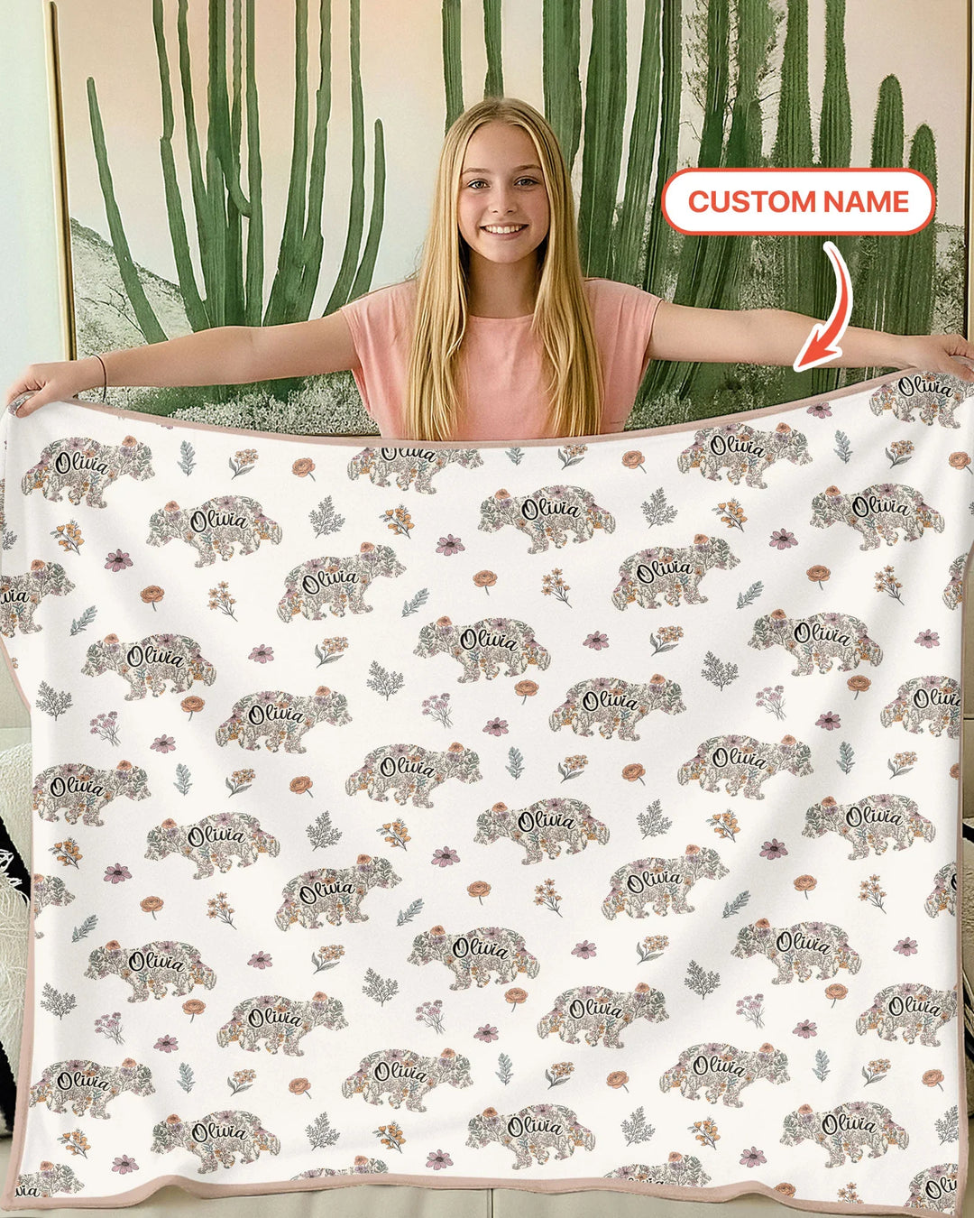 Custom Name Floral Bear Family Matching Bamboo Blanket