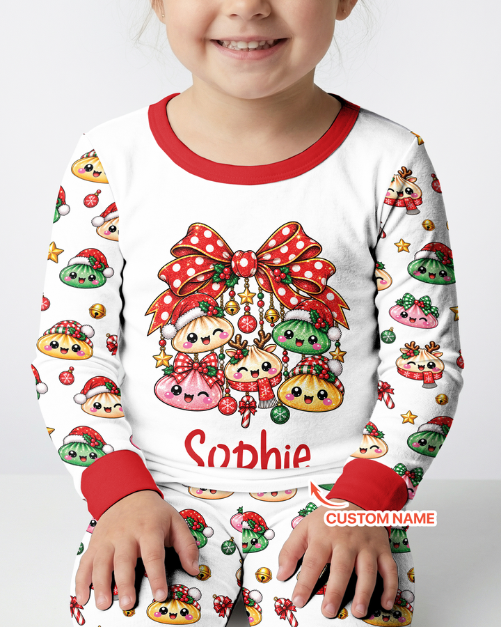 Custom Name Christmas Dumpling The Bow Bamboo Two Piece Long Sleeve Pajama Set
