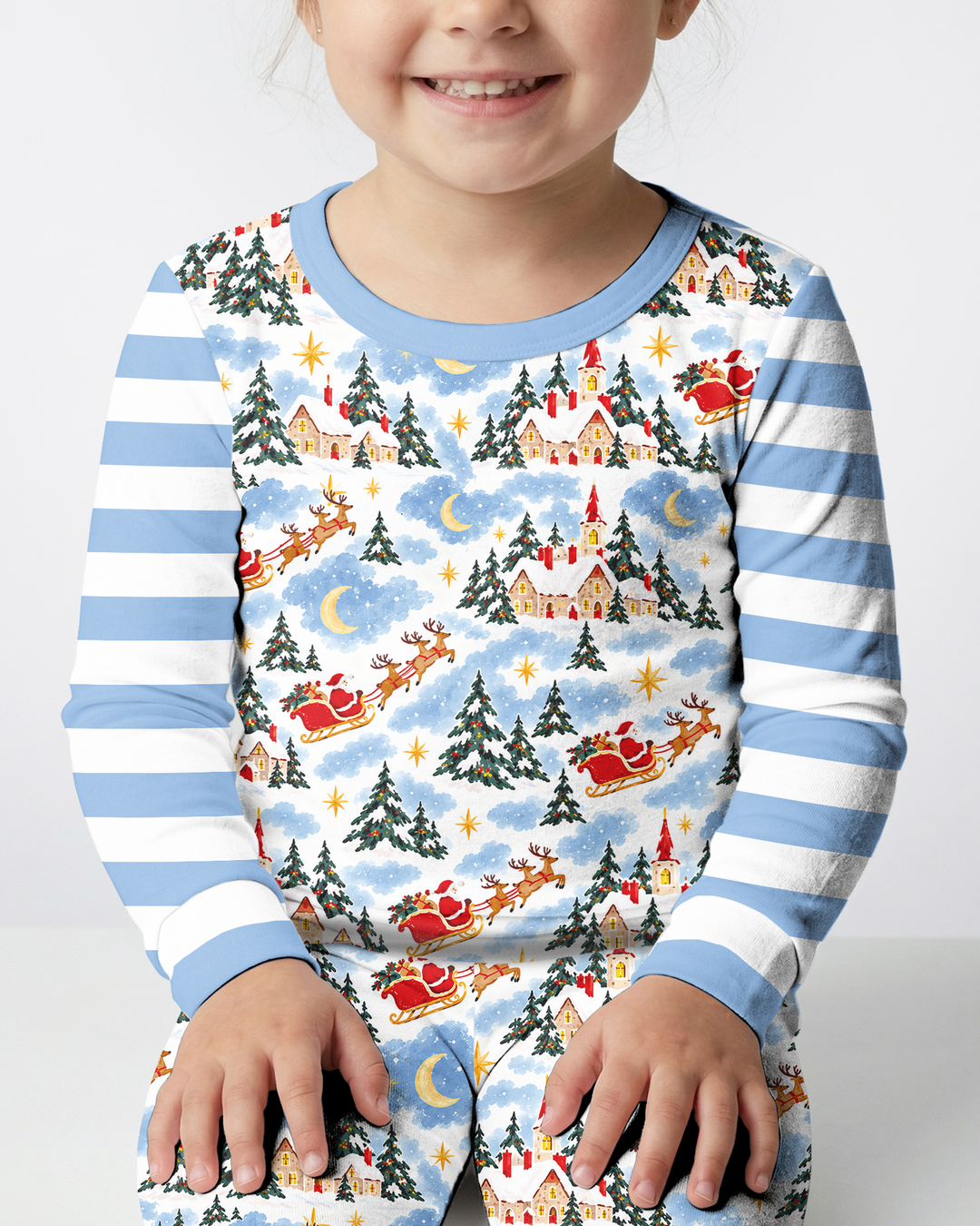 Whimsical Santa's Winter Village Bamboo Two Piece Long Sleeve Pajama Set