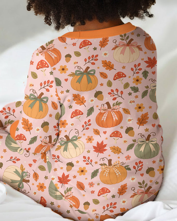 Pastel Pumpkin Bow Fall Bamboo Two Piece Long Sleeve Pajama Set