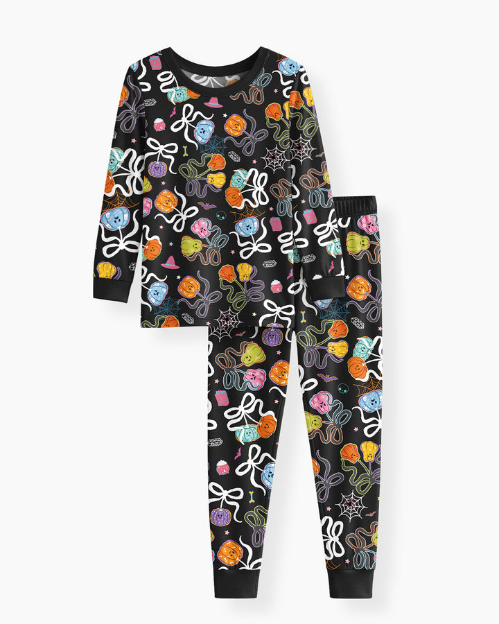 Jack-o'-lantern Coquette Bow Matching Bamboo Two Piece Long Sleeve Pajama Set