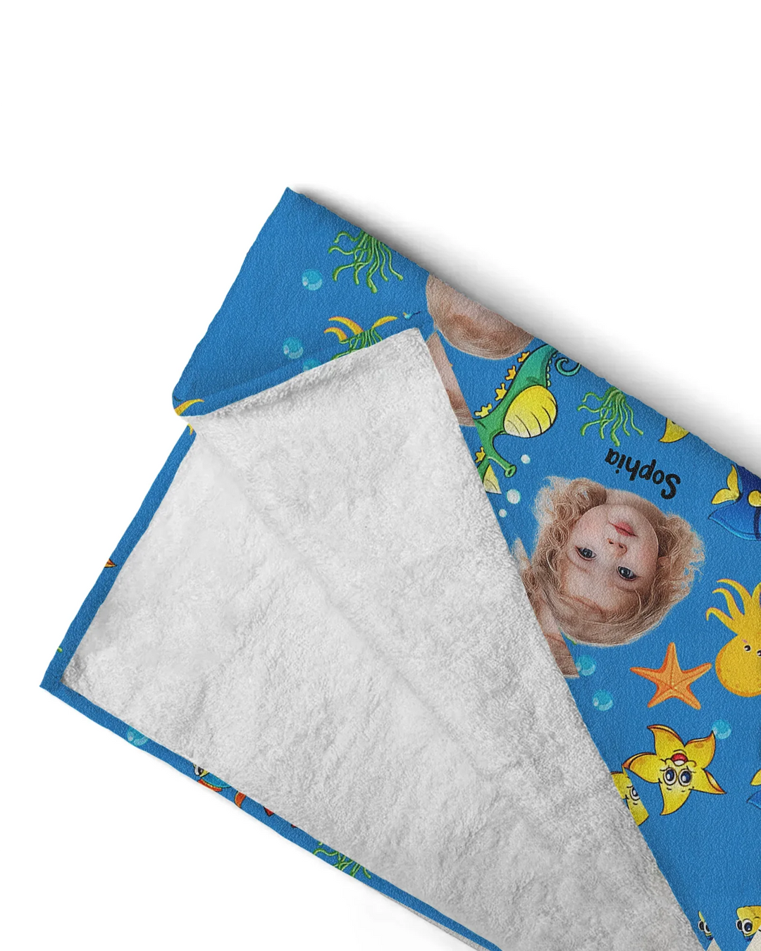 Personalisiertes Foto Niedliches Kindergesicht Aquarell Meerestiere Sommer Bambus Strandtuch