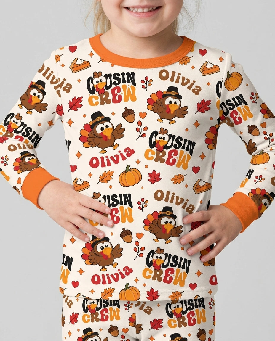 Personalized Cousin Crew Thanksgiving Bamboo Two Piece Long Sleeve Pajama Set