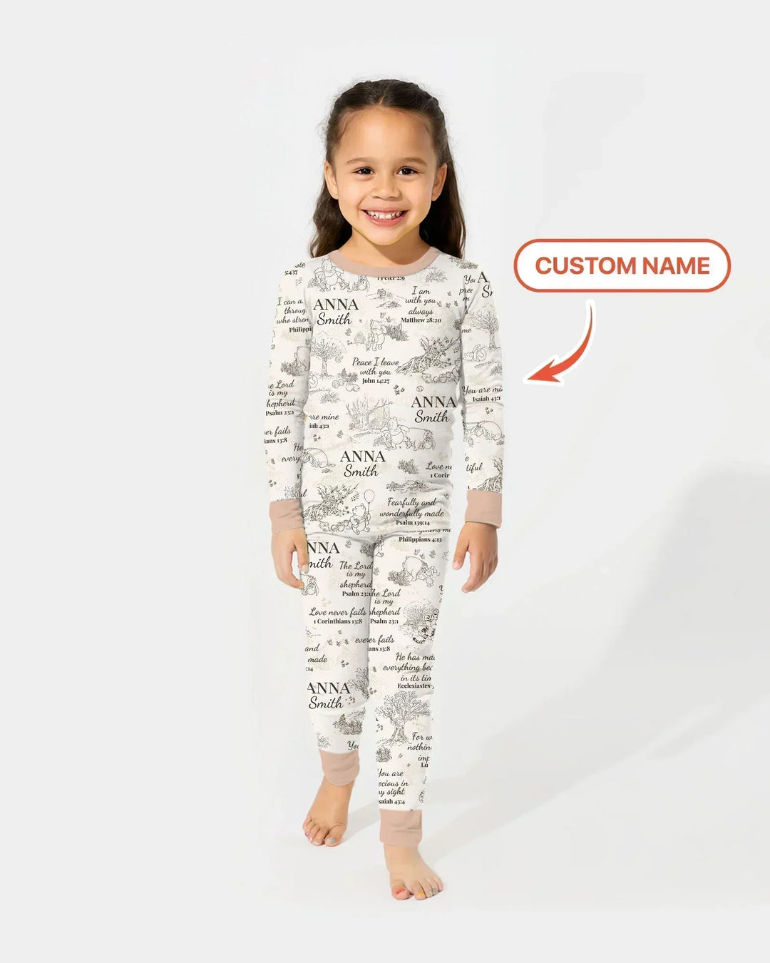 Classic Bear Bible Verse Custom Name Bamboo Two Piece Long Sleeve Pajama Set