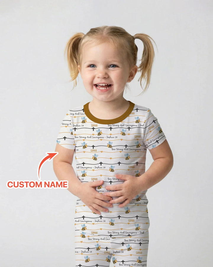 Bee Strong And Courageous Custom Name Bamboo Two Piece Short Sleeve Pajama Set