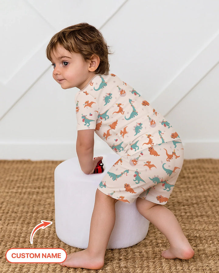 Embroidered Dinosaurs Bamboo Two Piece Short Sleeve Shorts Pajama Set
