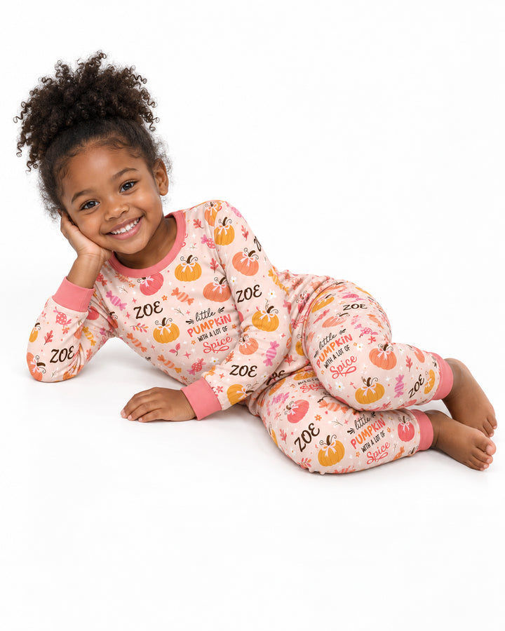 Custom Name Little Pumpkin With A Lot Of Spice Bamboo Two Piece Long Sleeve Pajama Set