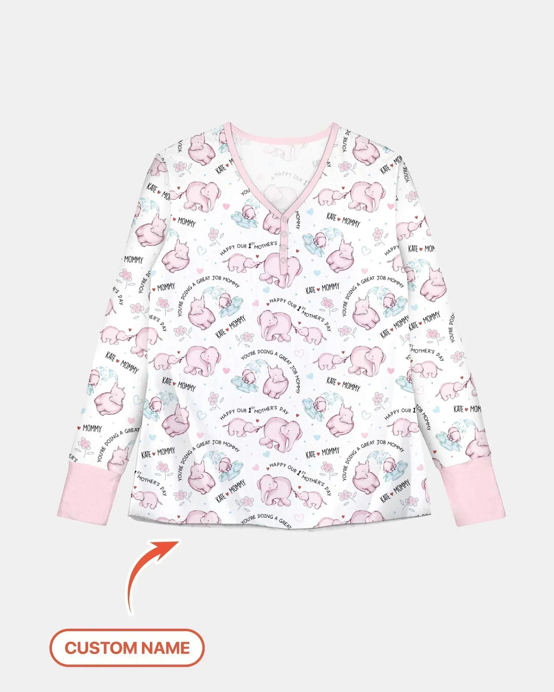 Pyjama-Set für Damen mit Namen, Mutter- und Baby-Elefant aus Bambus