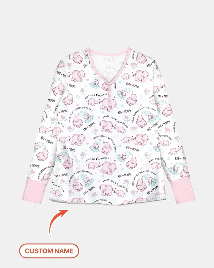 Pyjama-Set für Damen mit Namen, Mutter- und Baby-Elefant aus Bambus