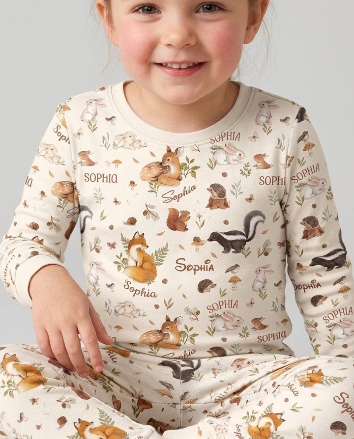 Custom Name Woodland Friends Bamboo Two Piece Long Sleeve Pajama Set