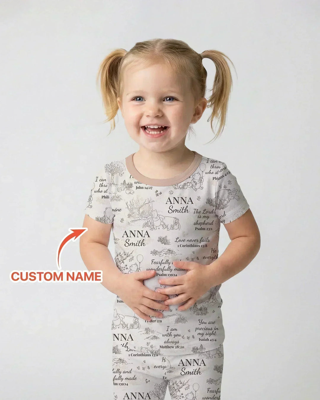 Classic Bear Bible Verse Custom Name Bamboo Two Piece Short Sleeve Pajama Set
