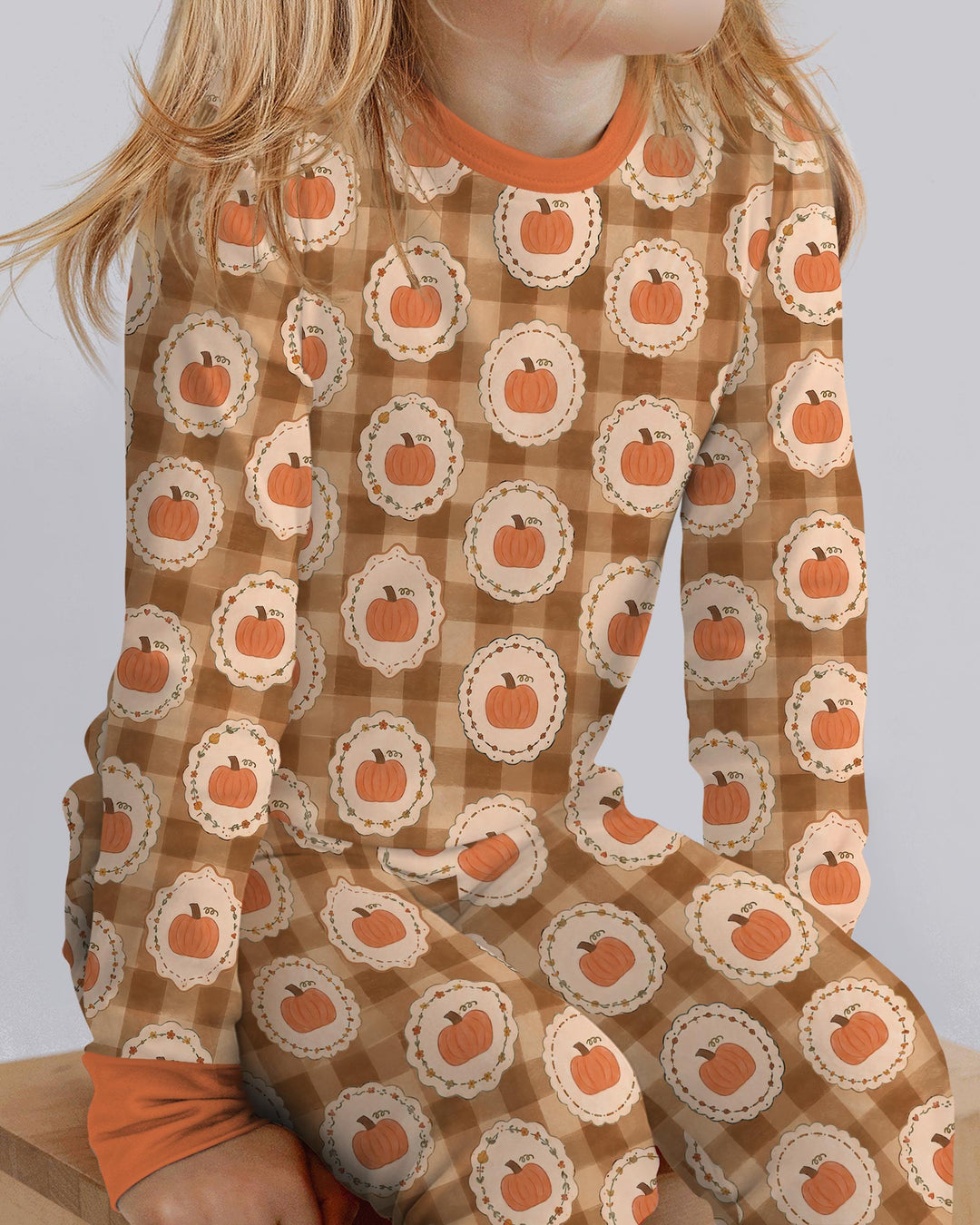 Folksy Framed Gingham Pumpkin Bamboo Two Piece Long Sleeve Pajama Set