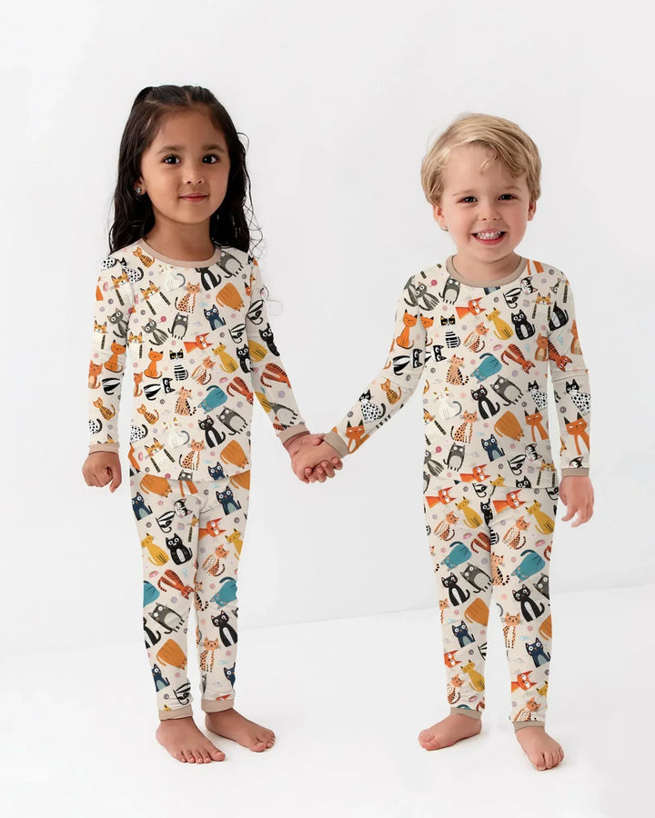 Goofy Mischief Cat Family Matching Bamboo Two Piece Long Sleeve Pajama Set