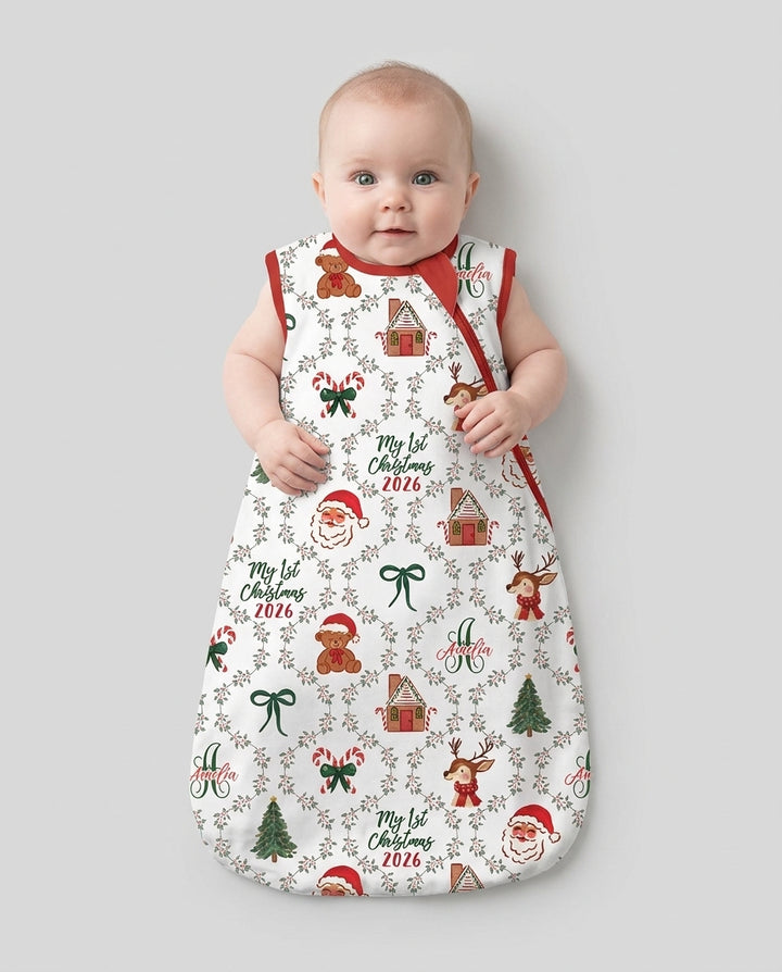 Custom name "Fancy Monogram Red Christmas 2026" Bamboo Sleep Bag