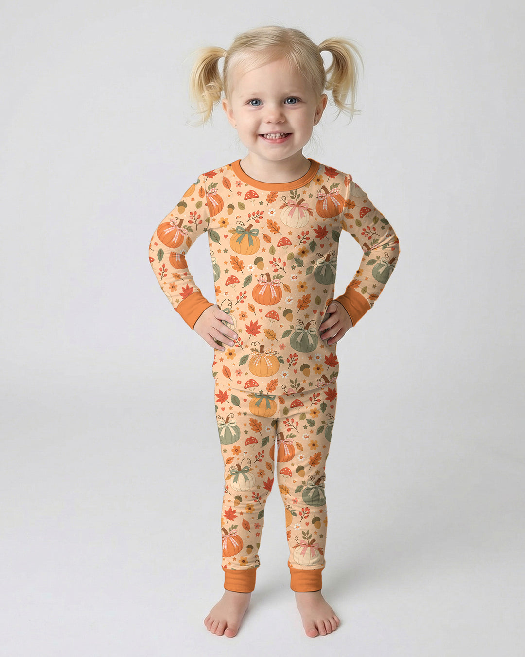 Pastel Pumpkin Bow Fall Bamboo Two Piece Long Sleeve Pajama Set