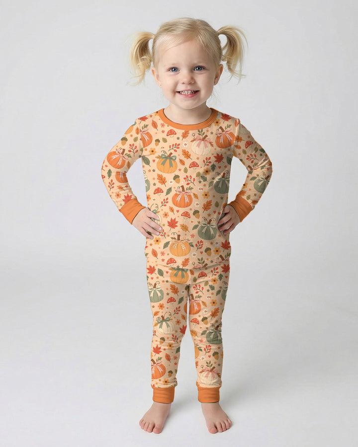 Pastel Pumpkin Bow Fall Bamboo Two Piece Long Sleeve Pajama Set