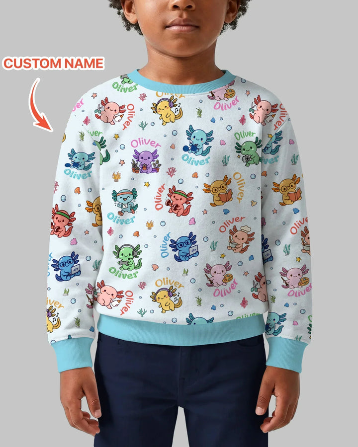 Benutzerdefinierter Name Süßer Hobby Axolotl Bambus Rundhals-Sweatshirt