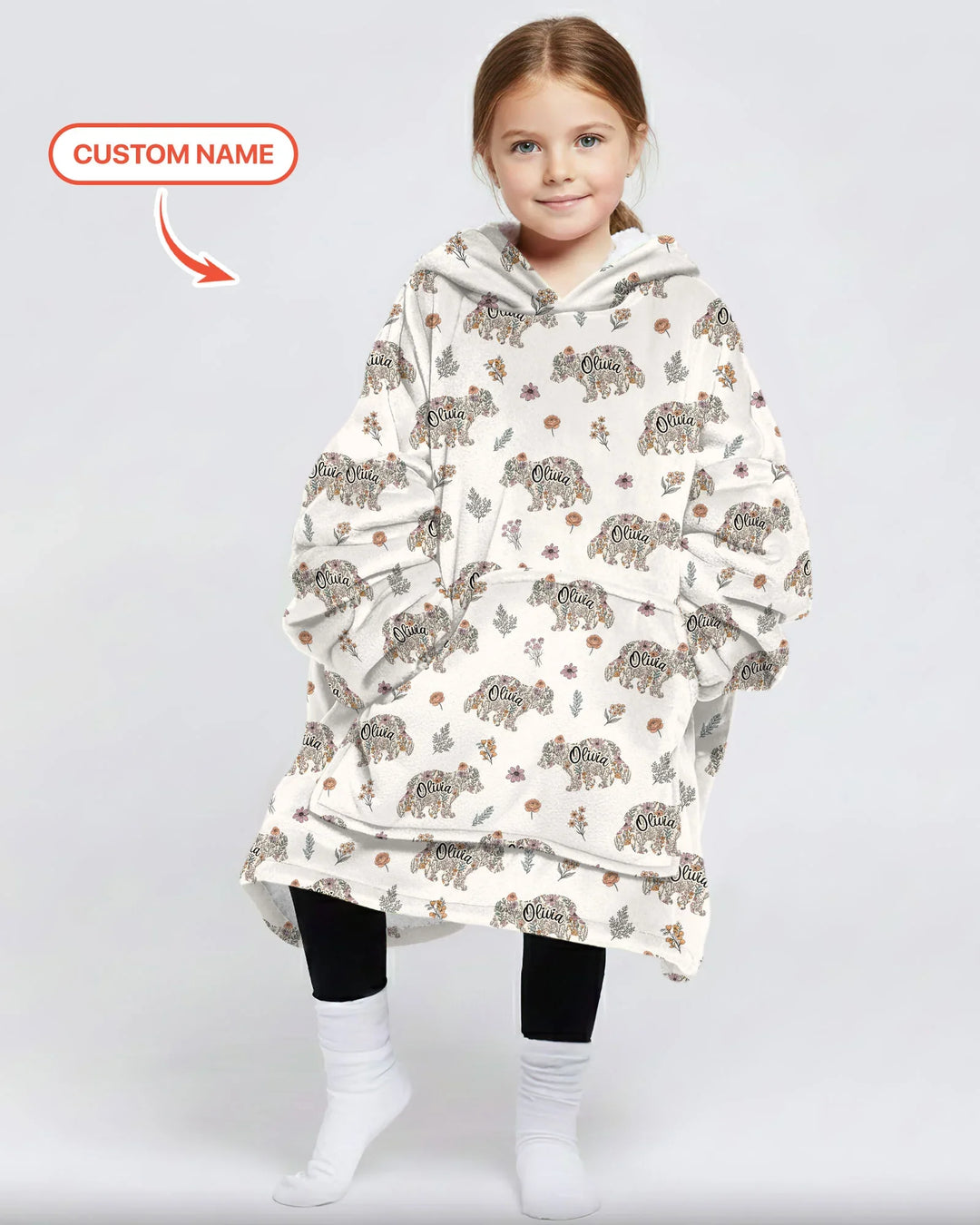Personalisierter Blumen-Bär Familie passende Bambus Decken-Hoodie