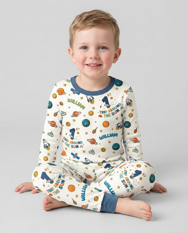 Birthday Trip Around The Sun Custom Name & Age Bamboo Two Piece Long Sleeve Pajama Set