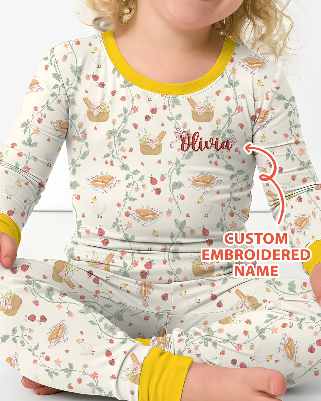 Custom Name Embroidered Picnic Time Bamboo Two Piece Long Sleeve Pajama Set