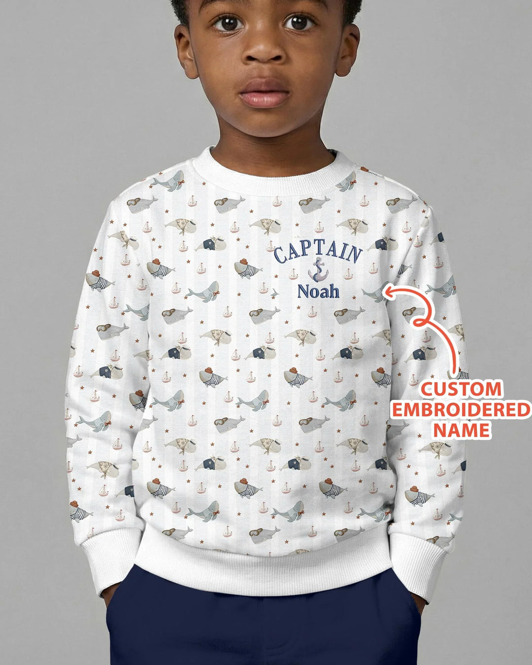 Benutzerdefinierter bestickter Name – Kleiner Kapitän der Walfänger-Crew Bambus-Crewneck-Sweatshirt