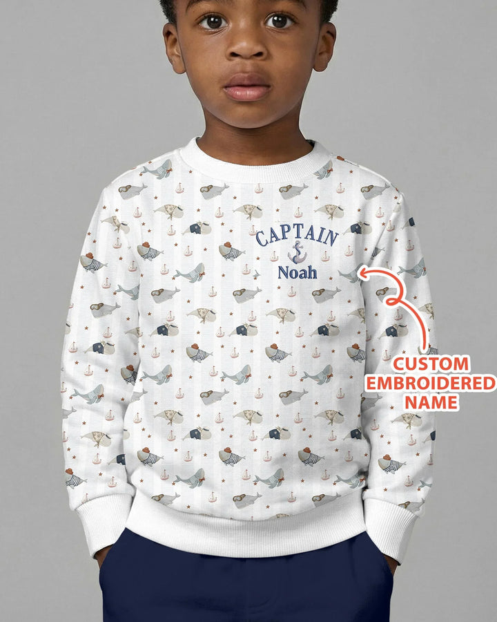 Benutzerdefinierter bestickter Name – Kleiner Kapitän der Walfänger-Crew Bambus-Crewneck-Sweatshirt