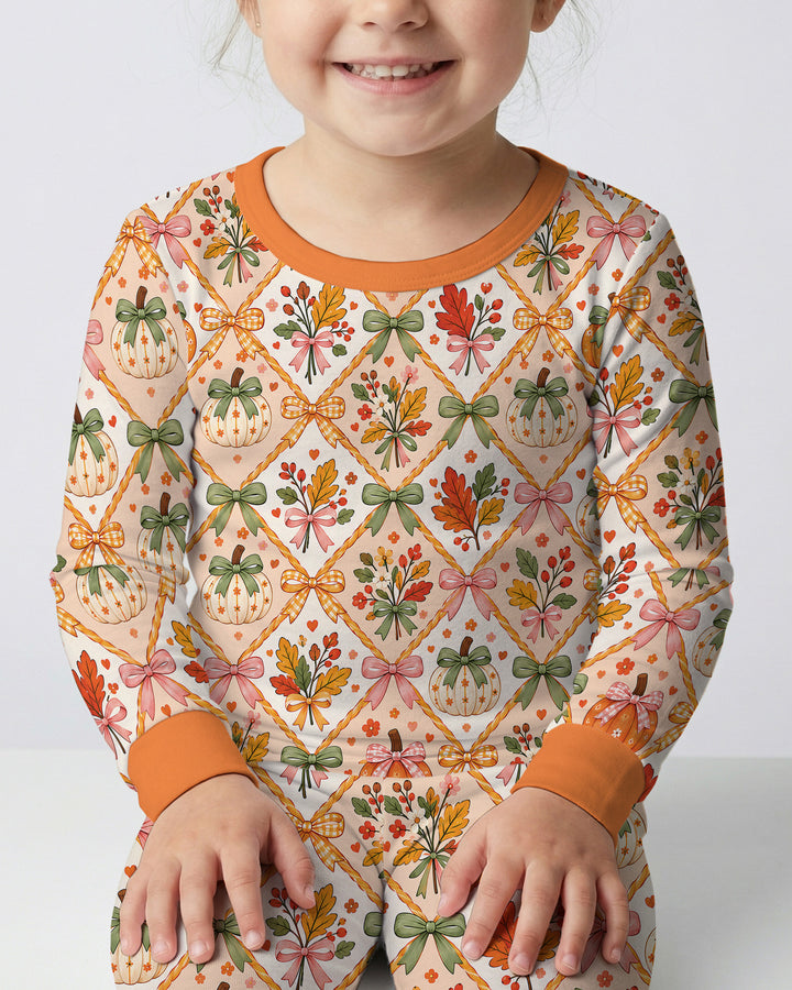 Retro Fall Pumpkin Bow Bamboo Two Piece Long Sleeve Pajama Set