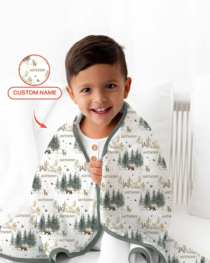 Custom Name Forest Bear Deer Bamboo Blanket