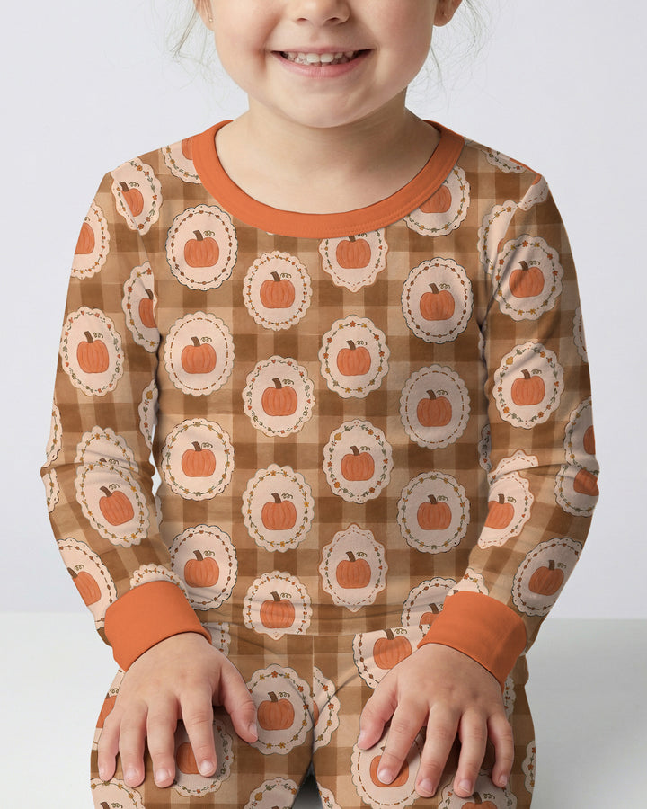Folksy Framed Gingham Pumpkin Bamboo Two Piece Long Sleeve Pajama Set