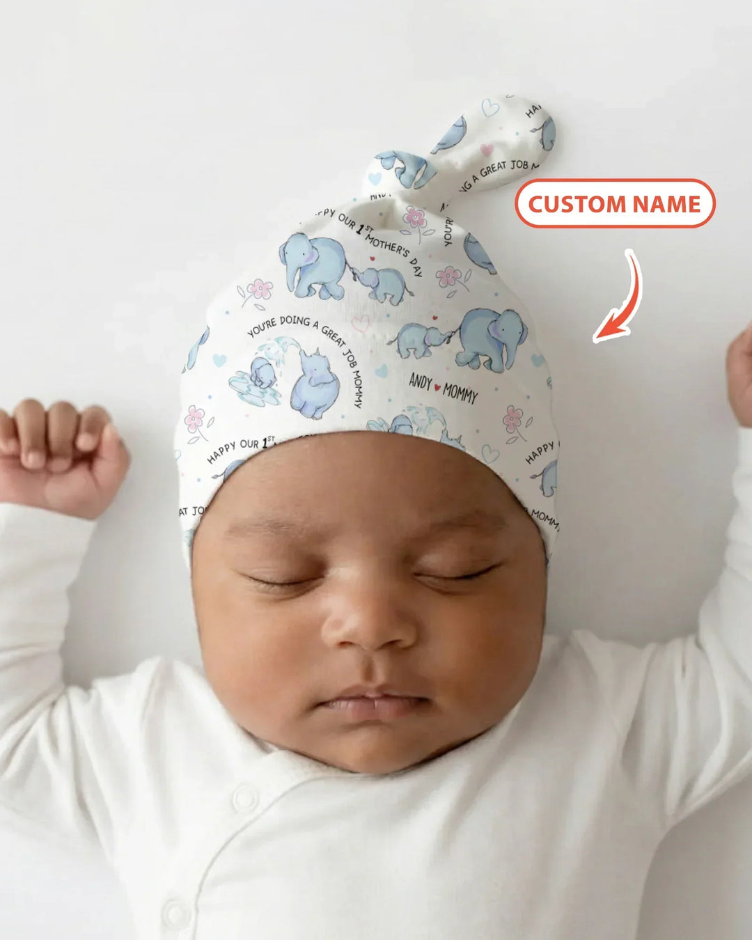 Custom Name Mother & Baby Elephant Bamboo Knotted Hat