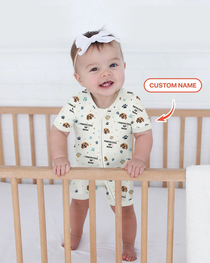 Custom Dog Photo Pattern "Protected By" Bamboo Shorty Zippered Romper