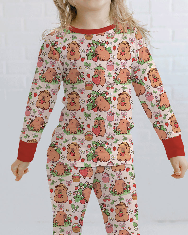 Capybara Strawberry Bamboo Two Piece Long Sleeve Pajama Set