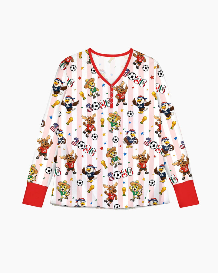 Striped Cute Mascots Soccer Cup 2026 Bamboo Women Pajama Set