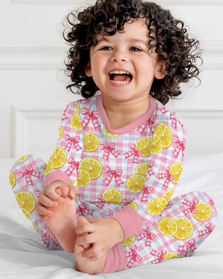 Pink Lemons Bows Checkered Bamboo Two Piece Long Sleeve Pajama Set